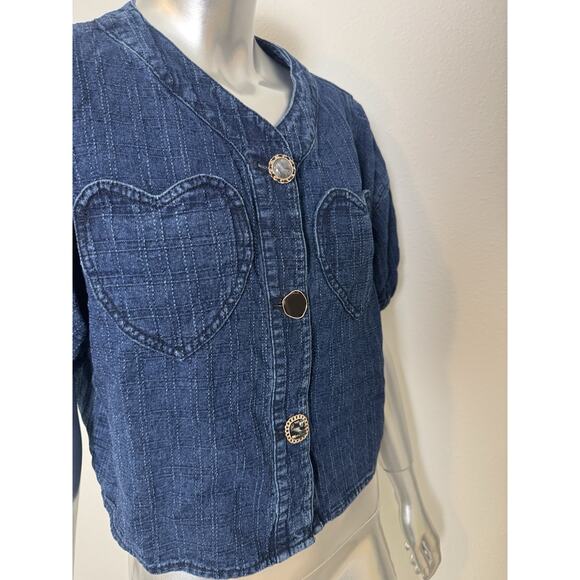 Cropped Jacket Womens Small Puff Sleeve Blue Denim Buttons Heart Pockets KUOSE - Picture 2 of 16